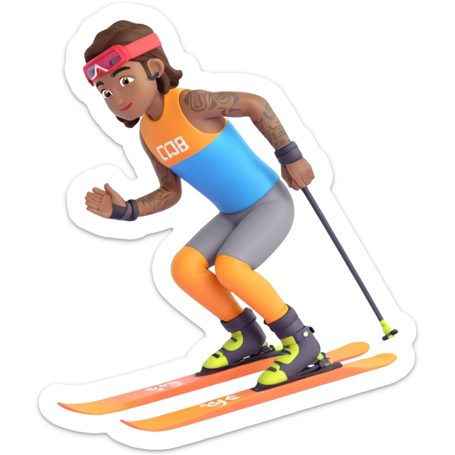 Nike-inspired ski athlete with brown skin, tattoos on arms, winter sports outfit, in a modern 3D emoji style sticker