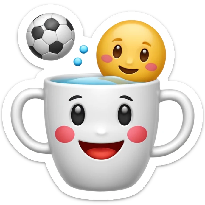 Cute 3D cartoon emoji style sticker of a cup and ball game, glossy plastic texture, soft lighting, smooth shadows, playful expression, high detail, white outline sticker, transparent background” sticker