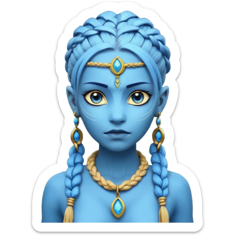 Create an icon of a Na’vi-inspired female character with glowing blue skin, braided hair, tribal forehead markings, large expressive eyes, gold earrings, and a rope necklace with a golden pendant. The expression should be calm and serious, matching the style of the movie Avatar sticker