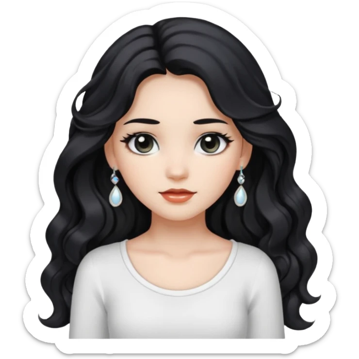 Wavy black long hair girl , black eyes , white top , white\tan skin , wearing accessories  sticker