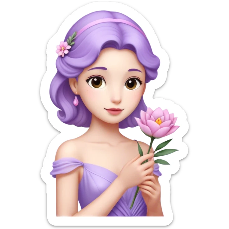 Cinematic Realistic Rapunzel Portrait, with porcelain-like skin featuring a subtle, natural glow, illuminated by soft lighting that brings out the gentle contours of her face. Her long, golden blonde hair cascades in detailed waves, each strand highlighted with a radiant shimmer as it catches the light. She playfully holds a flower in one hand, her other hand resting casually in her lap, with a warm and spirited expression. Her bright, expressive green eyes exude curiosity and warmth, framed by delicate lashes and soft, arched brows. She is dressed in her classic lavender and pink gown, the fabric textured with delicate folds that flow naturally, catching the light with a soft, radiant glow. The portrait captures a luminous, enchanting aura, seamlessly blending realism with a whimsical, fairytale charm, evoking a timeless sense of beauty and magic. sticker