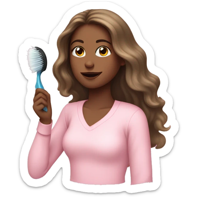girl in baby pink long sleeved top with long wavy hair brushing hair with eyes shut  sticker