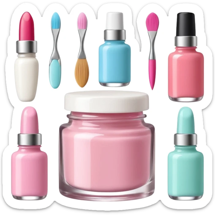 Minimalist nail art sticker pack featuring a cute female nail artist, nail tools like brushes and files, colorful nail polish bottles, small decorated nails, simple and clean design, pastel colors, kawaii style, delicate and charming, high-resolution, perfect for nail stickers sticker