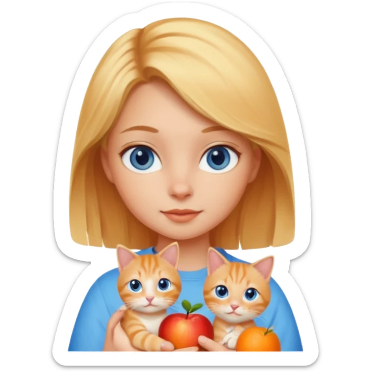 blonde girl with blue eyes holding an orange tabby cat, apple emoji style sticker