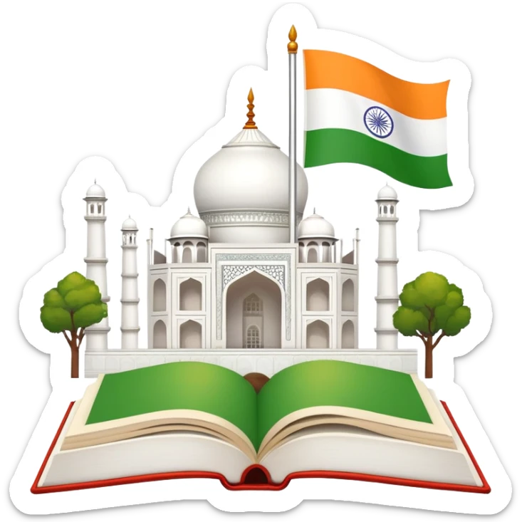 An icon featuring the Taj Mahal and the flag of India, symbolizing the Hindi language. The design includes an open book with hindi text, representing language learning and cultural richness. Transparent background highlights the heritage of India. sticker