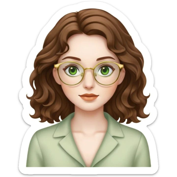 woman with pale skin, brown wavy hair, green eyes, gold glasses sticker