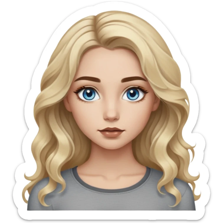 Girl with blue eyes. Blonde wavy hair with dark brown outgrowths. Long hair. Natural eyebrows with color like highlights. Painted eyelashes and lips lined with brown liner. With a gray long-sleeved crop top. Skinny in the face. sticker