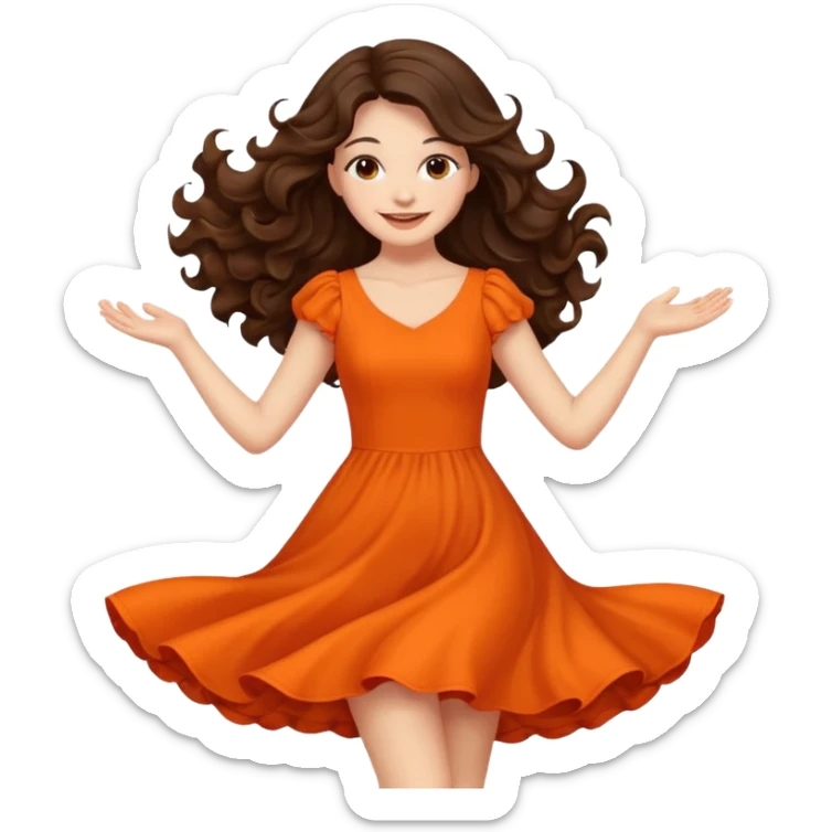 Long dark wavy hair women in orange standing twirling around sticker
