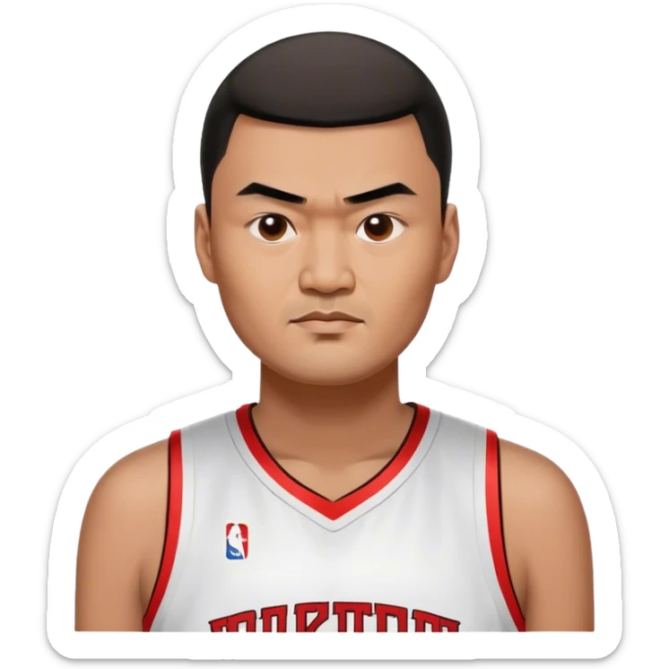 Yao Ming – Cinematic Realistic Portrait of Yao Ming, depicted as a towering basketball icon in a modern uniform, with a gentle yet determined expression and dynamic arena lighting that highlights his immense stature and graceful athleticism. sticker