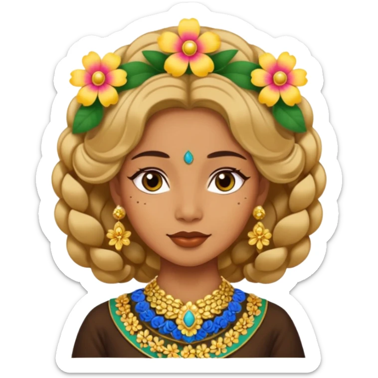 women with tan skin, wearing traditional Javanese hair with bouncy flowers, and wearing paes sticker