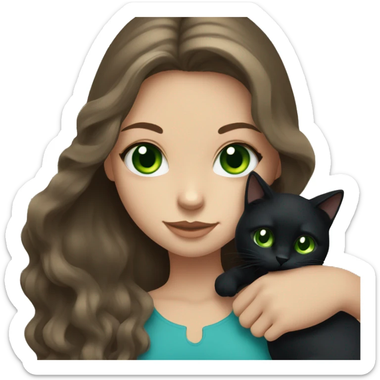 Girl with long brown hair and blue eyes holding chunky black cat with green eyes sticker