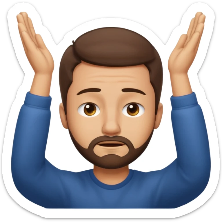 Emoji of a frustrated man with short brown hair hair and a short beard, eyes tightly closed and eyebrows furrowed.
Both hands raised near his head in frustration, clean rounded emoji style, soft gradients, plain background. sticker