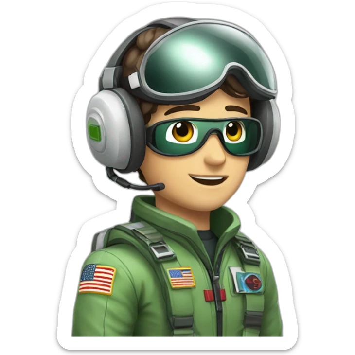 A young white man with dark brown hair and brown eyes in a pilot suit and wearing a green Pilot headset sticker
