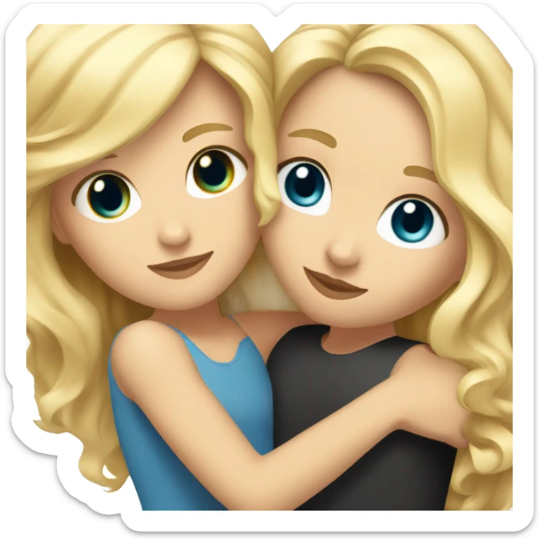 A white girl with blue eyes and blonde hair hugging a girl with tan skin and black wavy hair  sticker