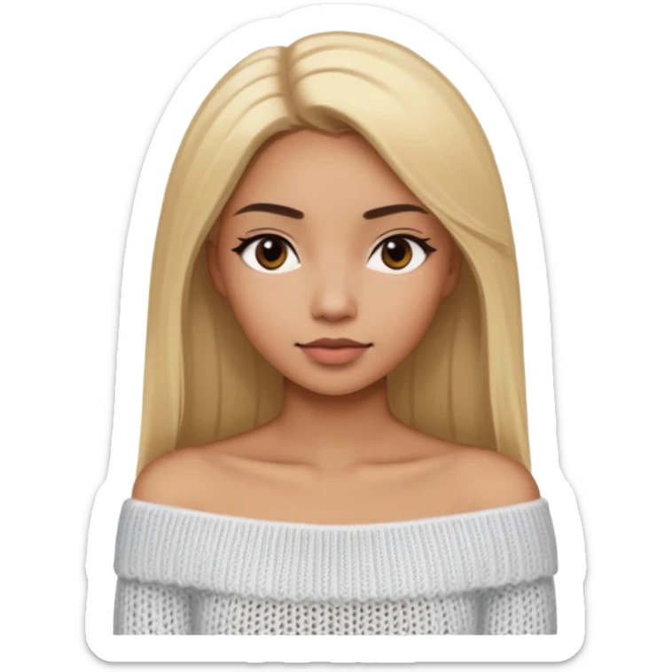 Mujer color de piel moreno claro, con cabello rubio largo, lacio y suelto, ojos negros viendo a la cámara, usando un suéter off shoulders blanco sticker