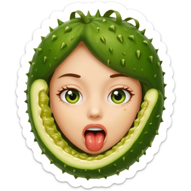 A girl opening her mouth insanely wide with a pickle inside her mouth  sticker
