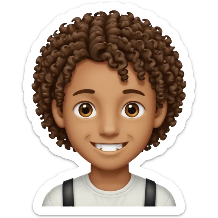 Brown skin boy with curly hair, smiling with braces, have one onyx eye color the other eye is light brown with a slit eyebrow sticker