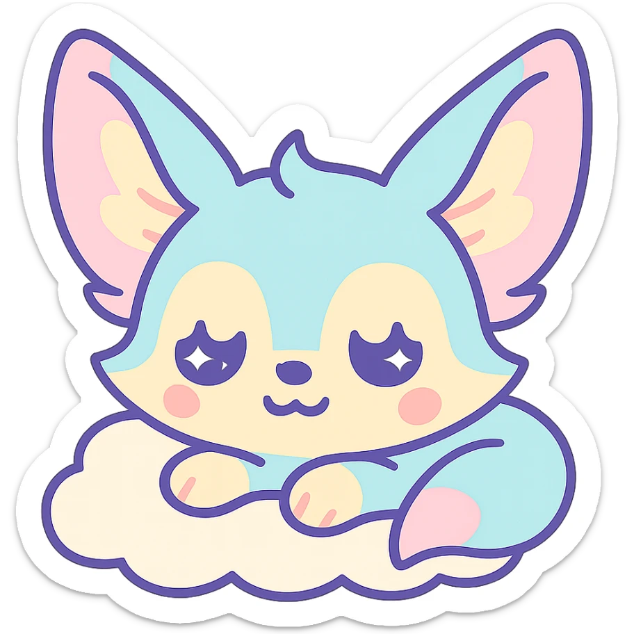 Transformer cette illustration de fennec magique kawaii en emoji expressif, style kawaii, fond transparent, garder les couleurs pastel et les accents féeriques. sticker