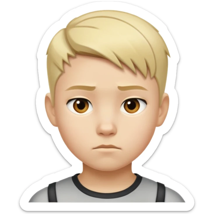 "- Nam
- 10 tuổi
- Da trắng
- Tóc ngắn, vàng, vuốt undercut gọn gàng
- mặt nghiêm túc
" sticker