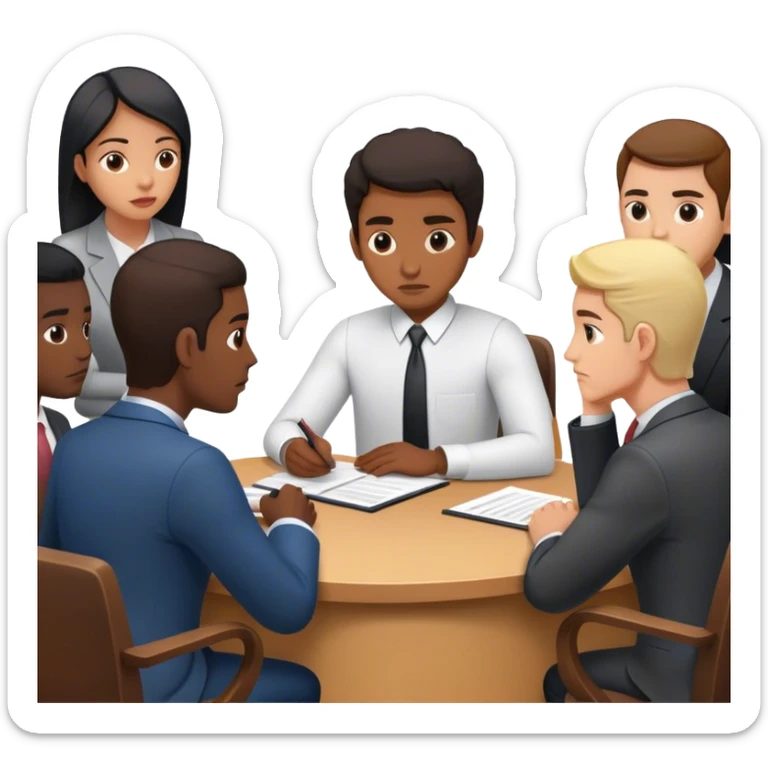 Una mesa de negociación donde una persona callada escucha mientras los demás hablan y revelan información sin darse cuenta. Cuando llega su turno, dice solo unas pocas palabras, pero su decisión es la que define el resultado. sticker