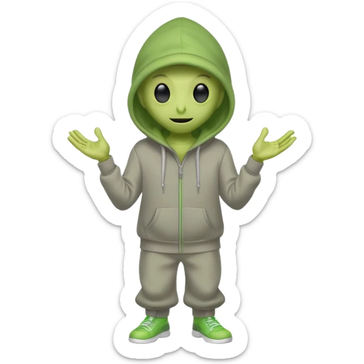 green alien in gray hoodie full height, wear hoodie hat, happy sticker
