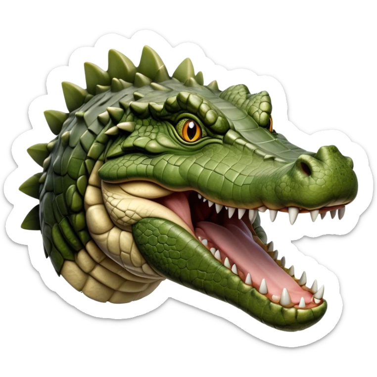 Cinematic Realistic Noble Crocodile Portrait Emoji, Poised and formidable, with a massive, muscular build and a rugged, intricately textured scaly hide in deep olive-green with natural camouflaged patterns, a powerful, fearsome jaw and piercing, ancient eyes rendered in lifelike detail, high shine, intelligent and imposing, styled with an air of primal authority, focused and attentive, soft glowing outline, capturing the essence of a watchful and confident crocodile that appears ready to surge out of the screen with effortless power! sticker