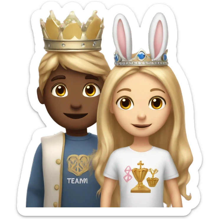 Two bunnies a girl and boy they both have crowns on because they are a queen and king. Boy has blonde hair, girl has long brown hair. They are holding a sign saying Team Bunny Forever  sticker