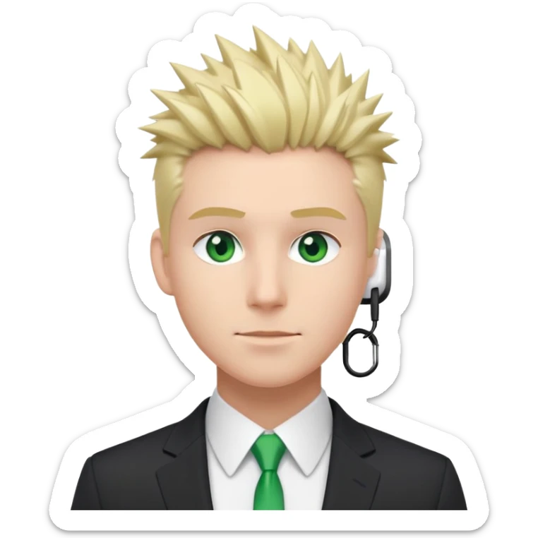 Spiky hair man in suit with AirPods in blonde hair green eyes sticker