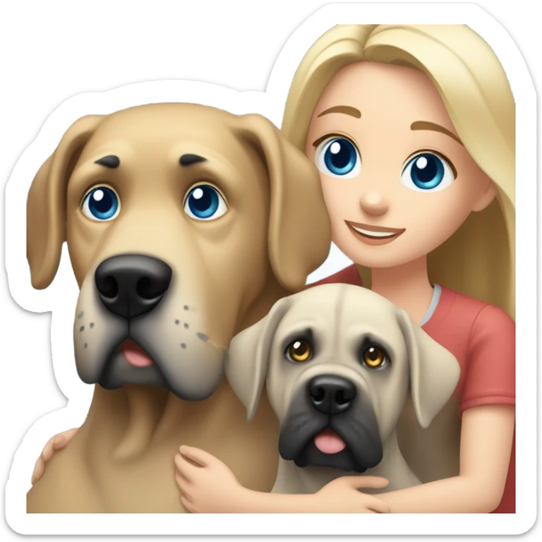 Brunette blue eye man and blonde blue eye girl hugging an English mastiff dog sticker