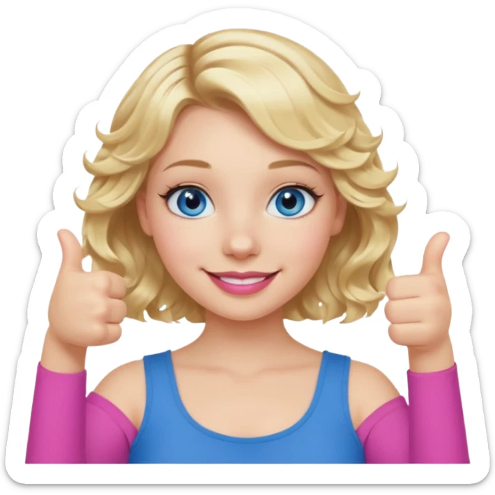 Girl Blonde short wavy hair,  blue eyes, cute blue top, long lashes, pink lips, smiling, thumbs up sticker