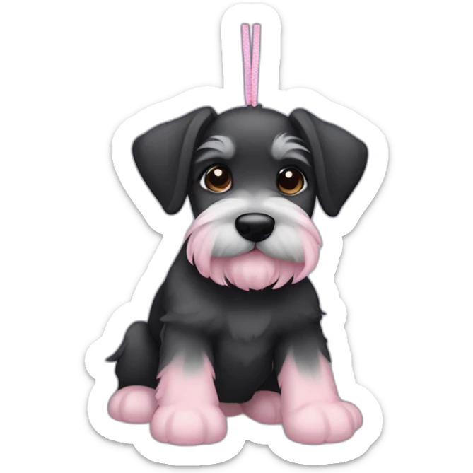 female puppy color "black and dark gray" breed medium Schnauzer with hanging ears hanging ears and a pale pink string around its neck sticker