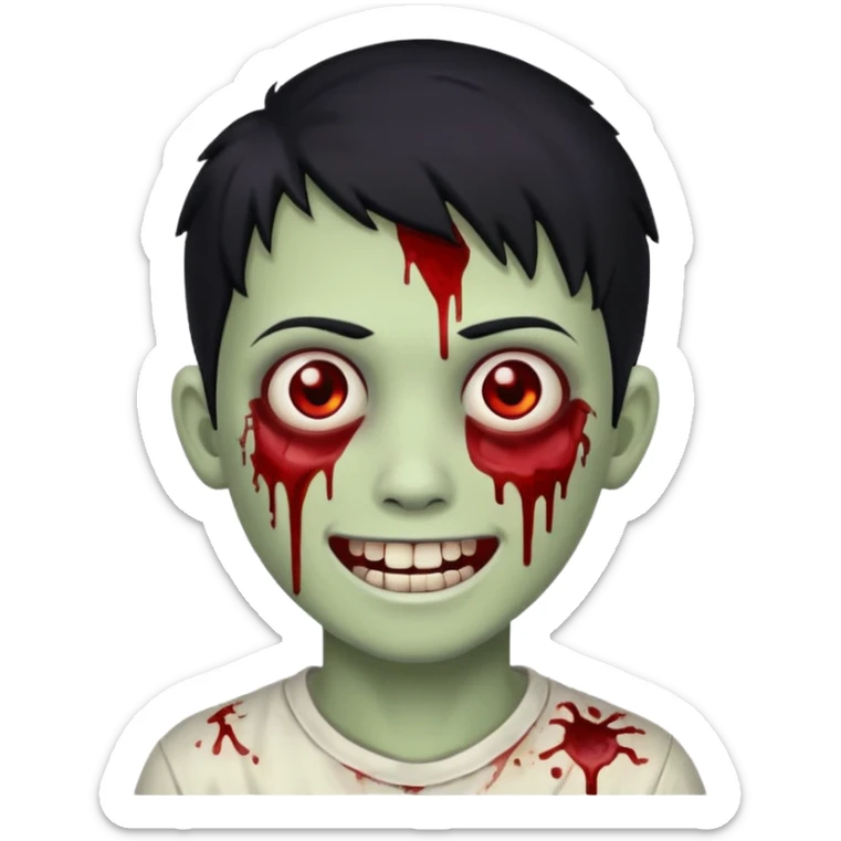 Teen zombie with black hair smiling with blood all over him sticker