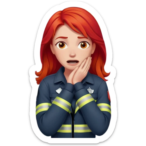 Woman with fire truck, red hair, crossing her arms, holding her neck with exes over her eyes and screaming sticker