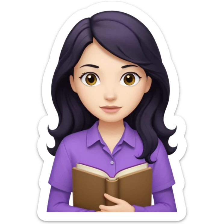 Long Hair Women with purple Book, Black wavy hair, beige shirt sticker