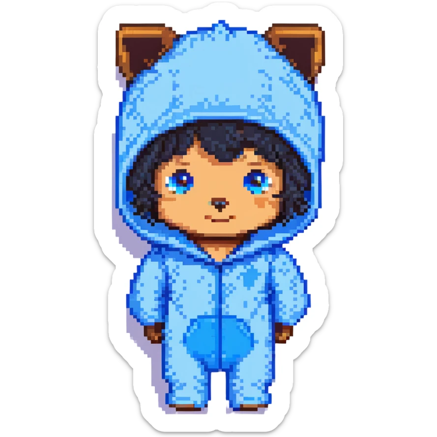 Minecraft pixel art face of OMZ, with blue dog onesie hood, curly black hair, brown eyes, matching the reference sticker