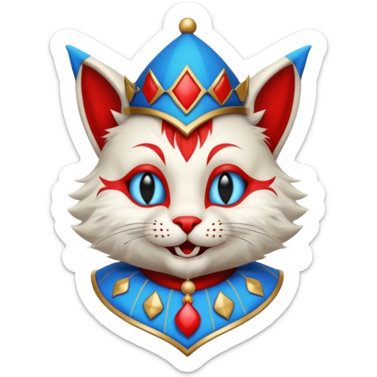 crazy colorful cute little cat jolly joker from poker, medieval, vintage, court jester, mac os icon, blue and red color, half body sticker