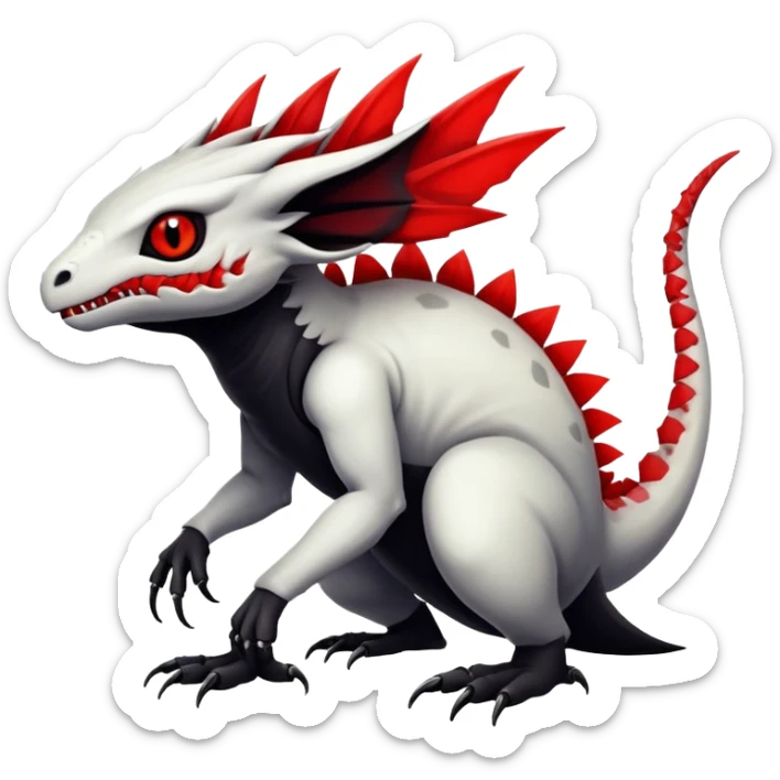 a white exotic edgy vernid-fionbr-Fakémon-creature, with black belly and red eyes, full body sticker
