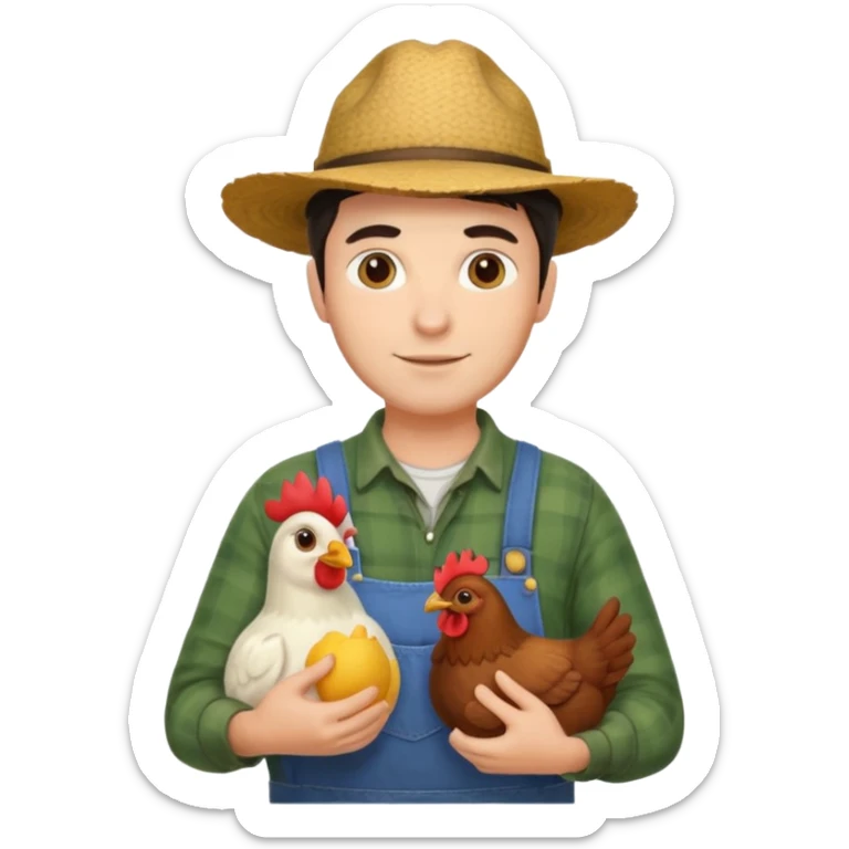 UN HOMBRE VESTIDO DE GRANJERO PIEL CLARA Y PELO OSCURO CON UNA GALLINA  sticker