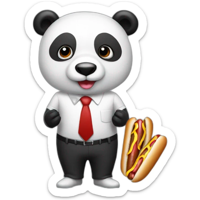 A professor with white suit and red tie and a panda face eating hotdogs and holding a book sticker