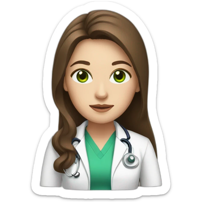 Doctor woman with long brown hair, white skin and green eyes sticker