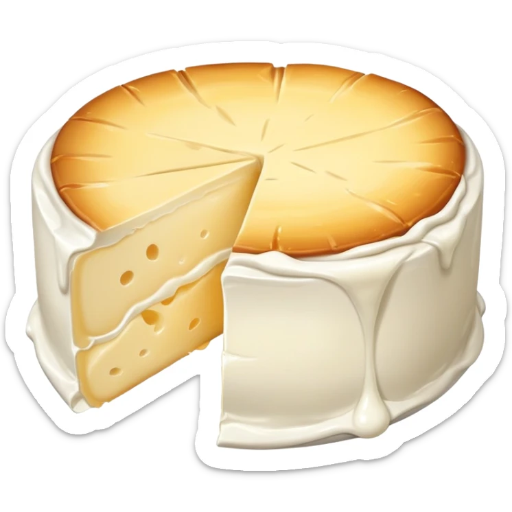 cinematic-realistic-brie-cheese-emoji,-featuring-a-creamy gooey center,-soft-ripened-cheese-with-a-delicate white rind-rendered-with-lifelike-detail-and-inviting,-natural-lightingwith a slide showing the gooey center sticker