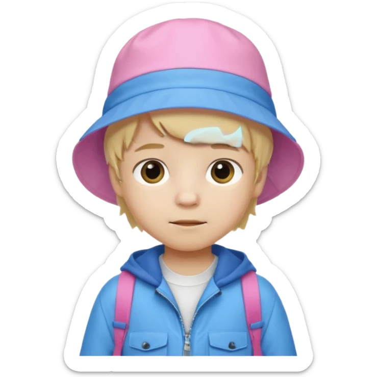 A little boy student white skin, blonde hair, with pink bucket hat, white jacket, blue backpack sticker
