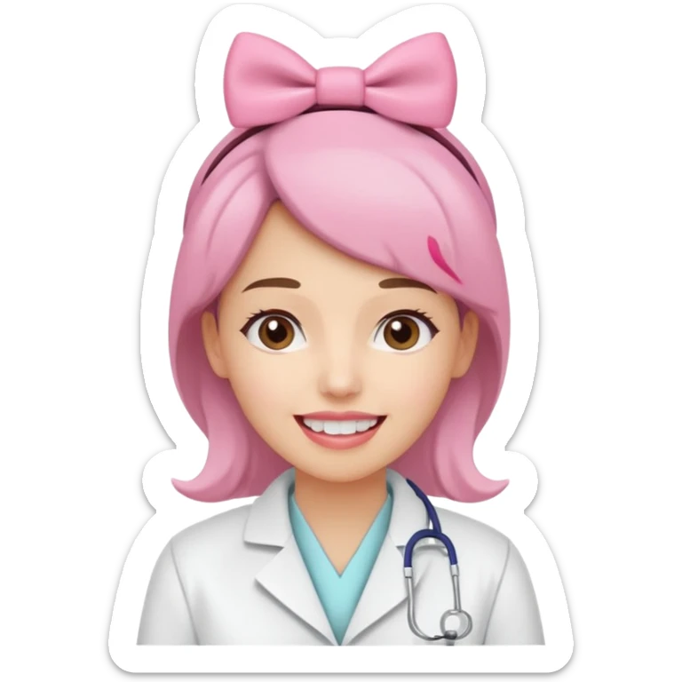 oji style illustration of a female dentist, friendly and smiling, wearing a white coat, with a small pink bow on her head, representing oral cancer awareness, caring and healing, soft colors, simple design, flat illustration, white background. sticker