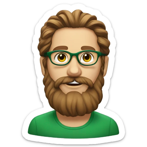 An emoji of a face of white man with long wavy brown hair tied into a bun, wearing green prescription glasses. He also has a long beard sticker