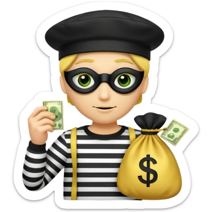 Create a high-quality emoji-style illustration of a cartoon thief character. The character should have a yellow face, wearing a black eye mask and a black beret. He is dressed in a black-and-white striped shirt. In one hand, he's holding a golden money bag with a green dollar sign on it.  sticker