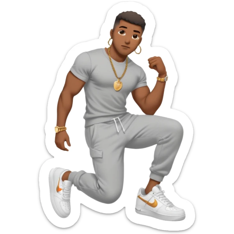 Handsome Black guy with brown skin tone, with muscular build, wearing gray sweatpants, a white t-shirt, white Air Force Ones sneakers, a small gold rope chain, and a gold watch  sticker