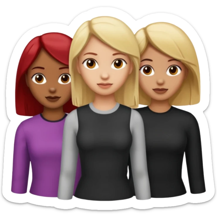 3 girls. 1 light skin with blonde hair 1 brown skin with black hair and 1 tan skin with brownish/red hair sticker