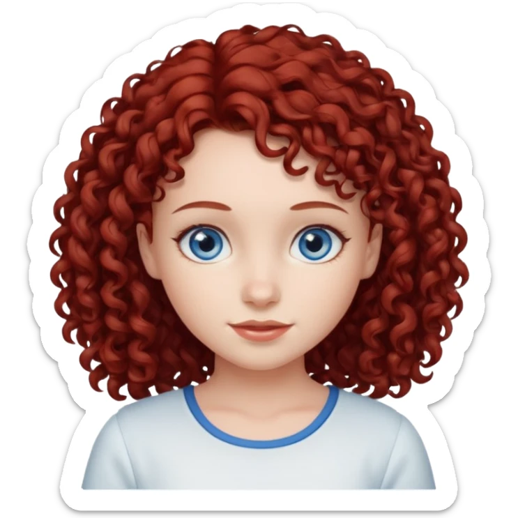 generate a young girl with dark red curly hair, blue eyes. in white top  sticker