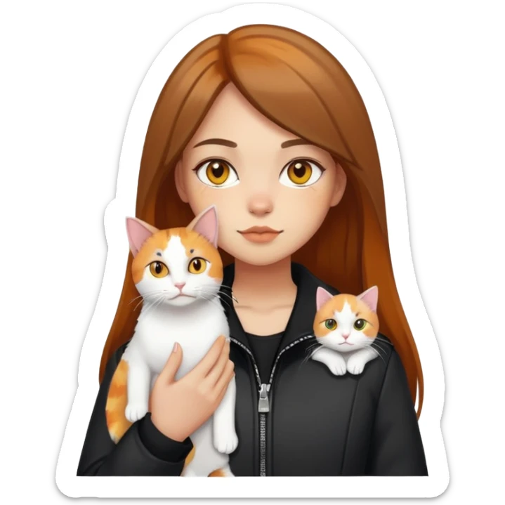 Light-skinned girl with brown straight hair wearing a black jacket, holding one pure white cat with yellow eyes and one calico cat with orange and black patches sticker