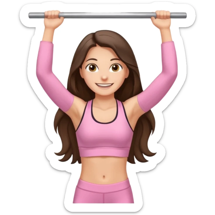 white happy brunette teen long hair with hazel eyes in light pink workout clothes doing a pullup sticker